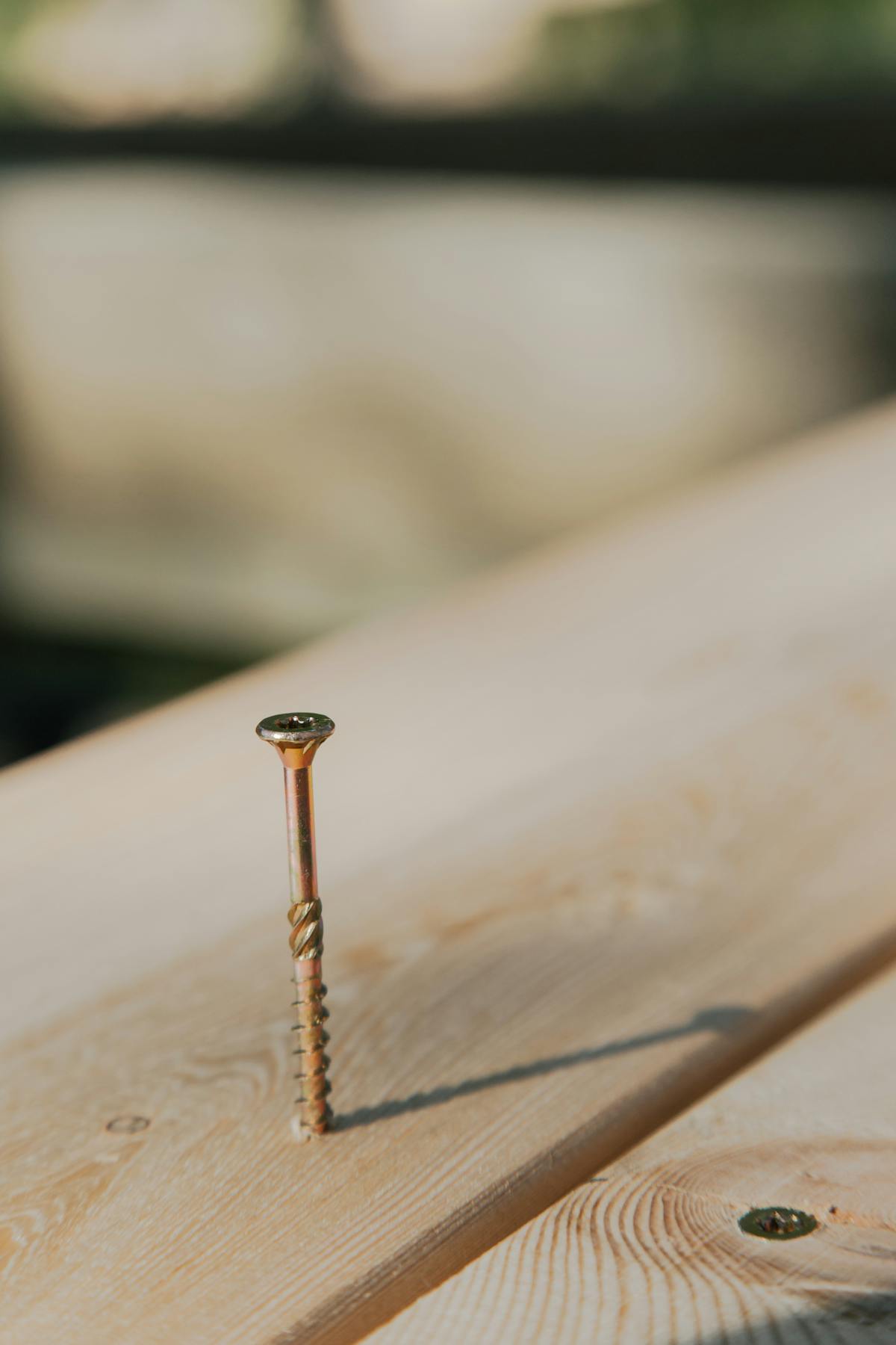Close-up of a deck screw driven into a wooden board showing fastener detail